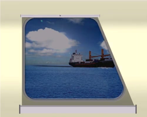 Right hand inverted taper marine window with partially lowered SOLASAFE blind