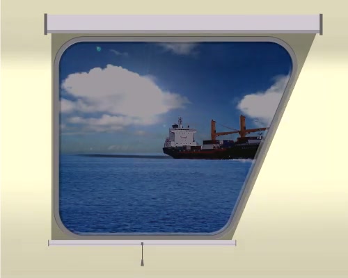 Right hand taper marine window with partially lowered SOLASAFE blind