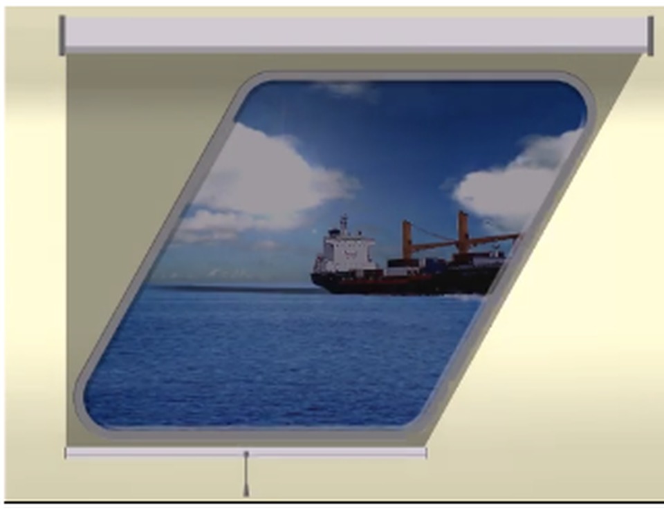Trapezium (Option 2) marine window with partially lowered SOLASAFE blind