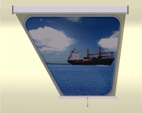 Unequal taper marine window with partially lowered SOLASAFE blind