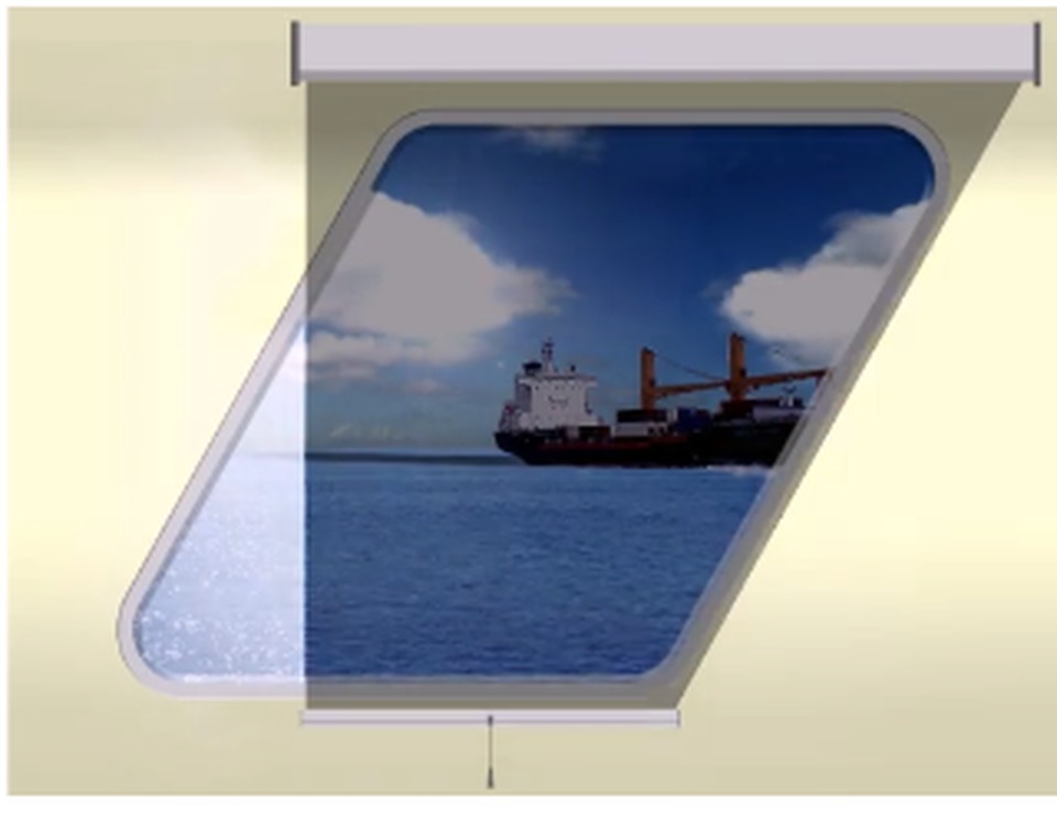 Trapezium (Option 1) marine window with partially lowered SOLASAFE blind