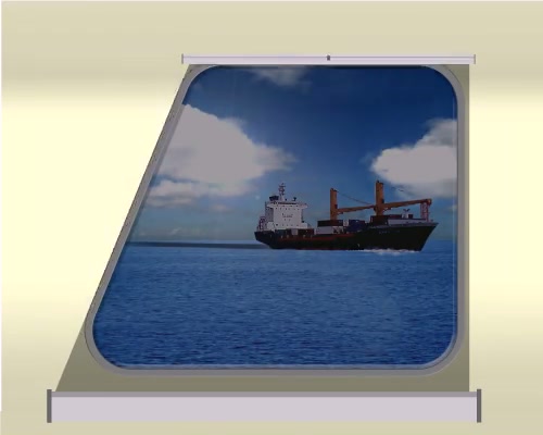 Left hand inverted taper marine window with partially lowered SOLASAFE blind